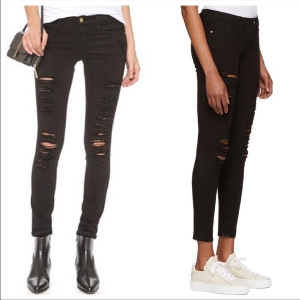 FRAME DENIM Black Distressed Le Skinny De Jeanne